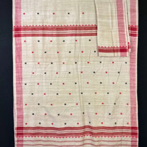 Elegant handwoven cream saree with red and black floral motifs